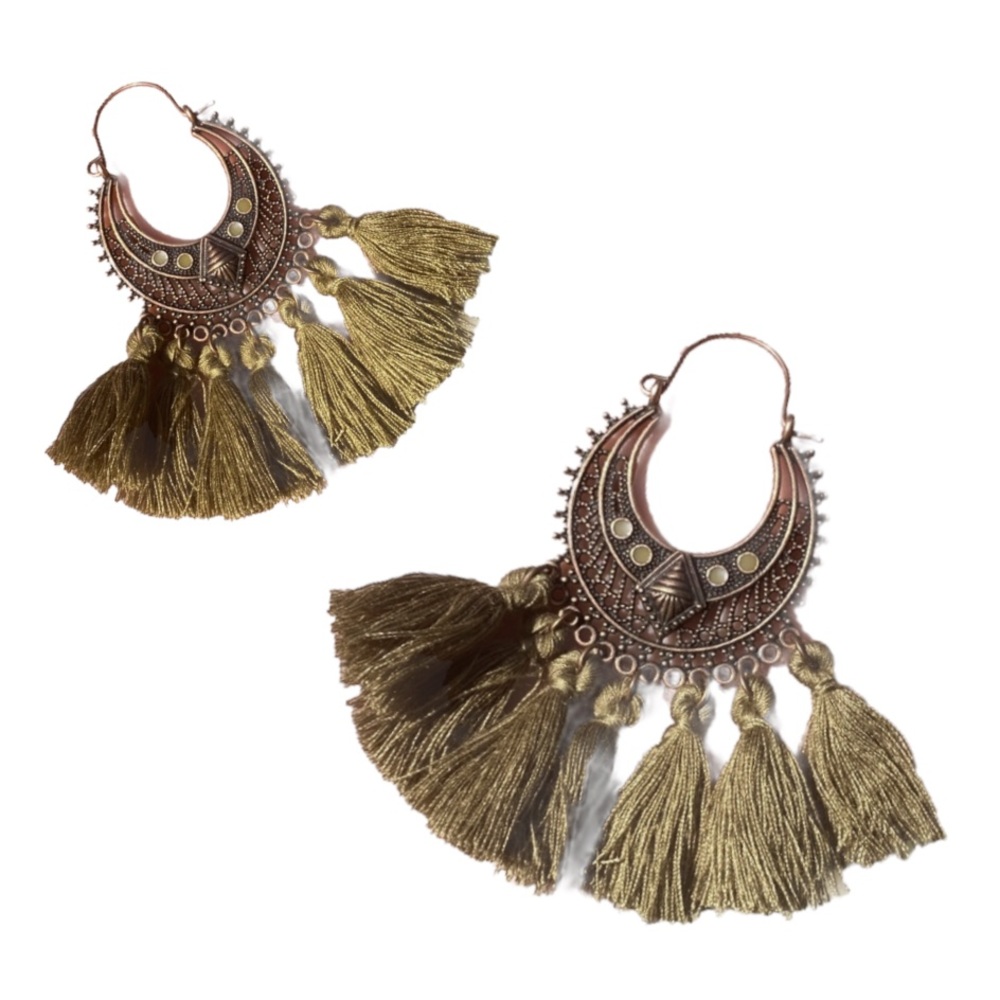 Bohemian Olive Drop Down Pendant Tassel Earrings